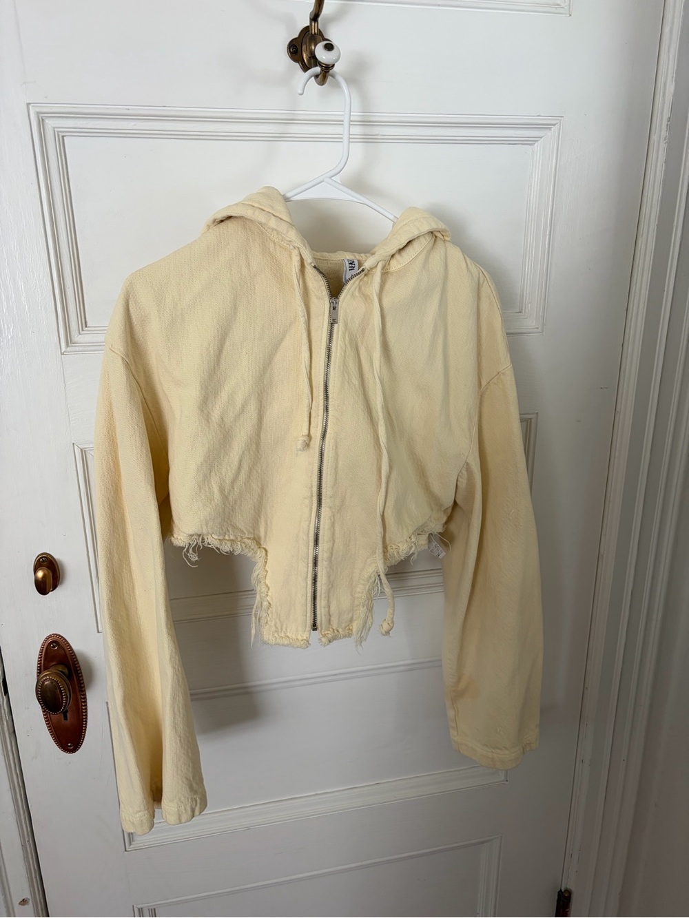 Zara Cropped Frayed Hooded Zip Jacket in Pale Yellow